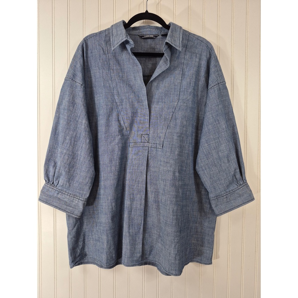 Lands End Womens 18 Blue Chambray Popover Tunic Top 3/4 Sleeve Cotton Stretch